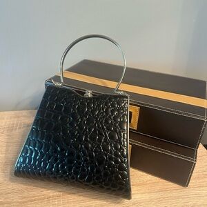 Small Black Textured Pattern Handbag with Silver Accents